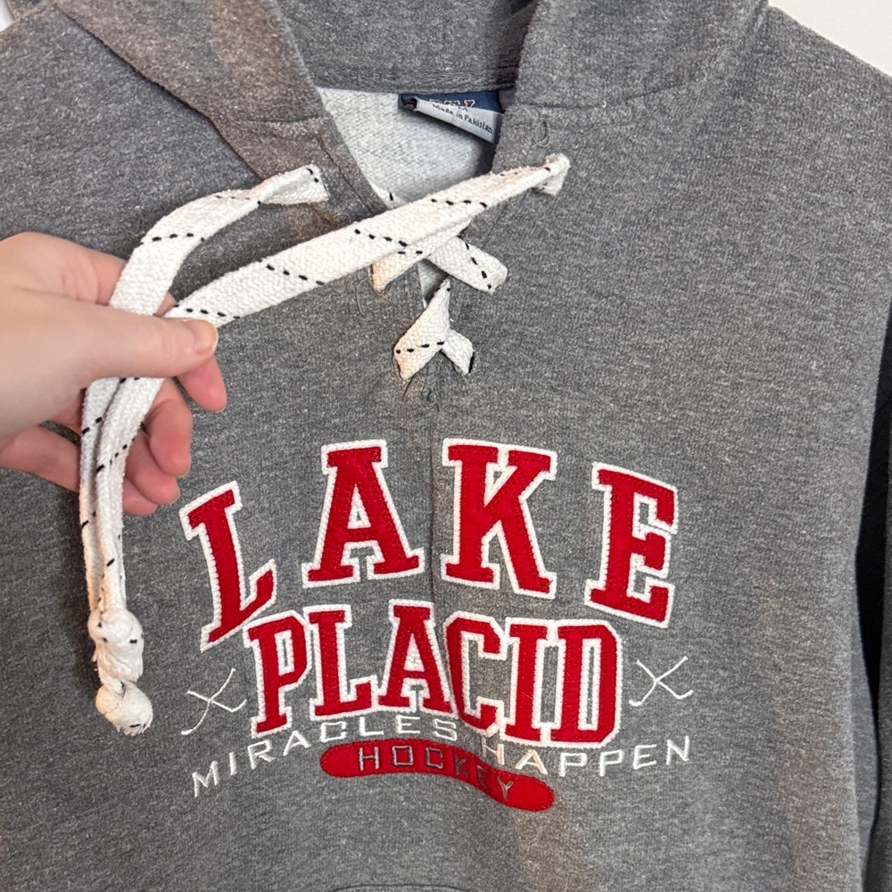 MV Sport Lake Placid Hockey Lace-Up Hoodie Gray Medium Cozy Pullover - Picture 2 of 4